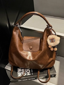 Vintage PU Leather Large Capacity Hobo Shoulder Bag For Women Retro Solid Color Tote Bag With Plush Charm Commuting Travel Bag