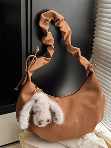 Women Fashion Pleated Shoulder Strap Hobo Bag Large Capacity PU Leather Crossbody Bag With Plush Rabbit Pendant Solid Color