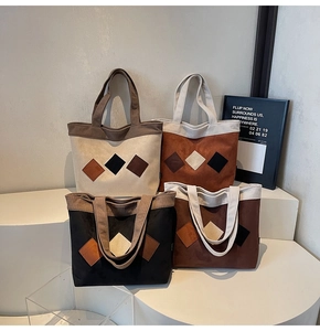 Multi-color corduroy tote bags with diamond patchwork detail and large capacity handles
