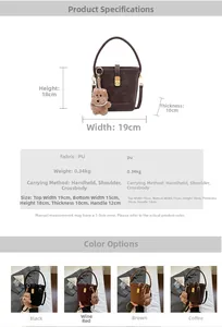 Detailed size specifications for a retro bucket bag with plush charm and material info