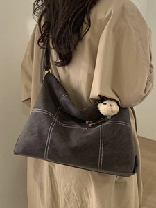 Retro PU Leather Large Capacity Tote Bag For Women With Contrast Stitching Vintage Shoulder Bag Casual Commuting Handbag