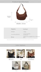 Detailed product dimensions and multiple color options for the canvas crossbody crescent bag