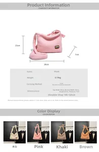 Detailed chart showing faux fur handbag dimensions and adjustable strap length features