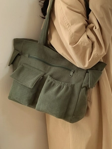 Olive green corduroy tote bag with large capacity and multi-pockets for women casual style