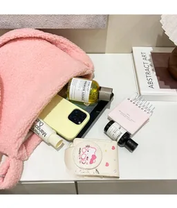 Pink faux fur tote bag interior showing large capacity for essentials like perfume and wallet