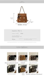 Tableau détaillé des dimensions du sac à dos en similicuir avec options de couleur et motifs