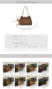 Detailed view of PU leather bucket bag dimensions and four color variants with puppy charm