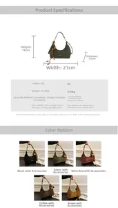 Detailed size specifications and five available colors of the frosted crescent handbag