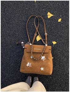 Vue de dessus d'un sac cabas marron mat avec étoiles sur asphalte et feuilles de ginkgo