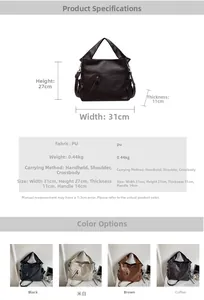 Detailed size specifications for a large PU leather tote bag with dimensions and color options
