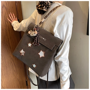 Détail d'un sac à dos marron avec patchs étoiles et breloque ours sur un mannequin