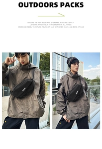 Outdoor waterproof chest bag with black grid texture shown on male model in city setting