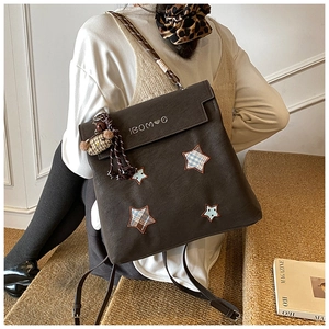 Détail d'un sac à dos mat marron foncé avec écussons étoilés et pompon porté par modèle