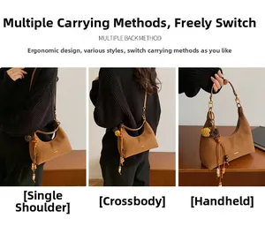 Three-way styling of brown faux suede hobo bag with tassel charm and adjustable strap