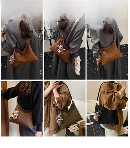 Detailed views of a large leather hobo shoulder bag with classic embossed pattern
