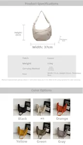Detailed grid of six colorful canvas crescent bags with measurements and adjustable straps