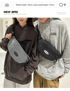 Crossbody bag on male and female models showing adjustable straps and checkered pattern