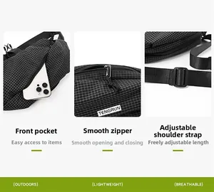 Detail of waterproof ripstop fabric, smooth zipper with cord, and adjustable nylon strap