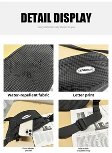 Detail display of waterproof checkered sling bag with adjustable strap and front pocket