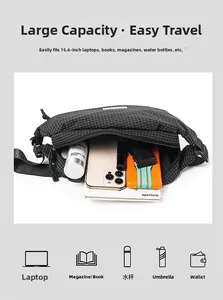 Spacious black grid chest bag showing capacity for a laptop, books, and accessories