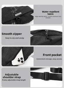 Detailed close-up of waterproof checkered chest bag fabric and smooth zipper hardware