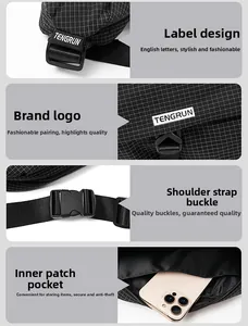 Detail of waterproof crossbody bag showing TENGRUN logo, plastic buckle and inner phone pocket
