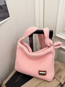 Pink plush lamb wool crossbody bag with TXBO leather patch and thick shoulder strap