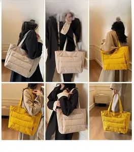 Quilted tote bag detail showcasing beige and mustard colors in a stylish lifestyle setting