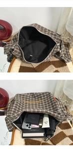 Detail view of plaid canvas tote interior with zipper pocket and large capacity storage