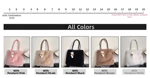 Detailed grid of plush tote bags in pink, khaki, black, coffee, and white colors