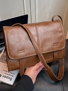 Vintage PU Leather Square Shoulder Bag For Women Fashion Textured Crossbody Bag Solid Color Commuter Messenger Bag
