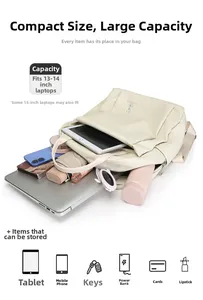 Detailed interior storage view of cream business backpack showing laptop and organizer compartments