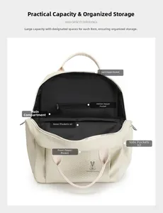 Detail view of the beige backpack inner compartments with multiple storage pockets