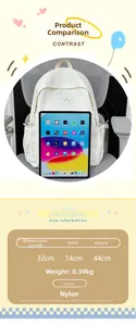 Size chart showing 32x14x44cm dimensions for the polka dot nylon school backpack