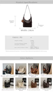Detailed size chart and technical parameters for the PU leather crossbody tote bag