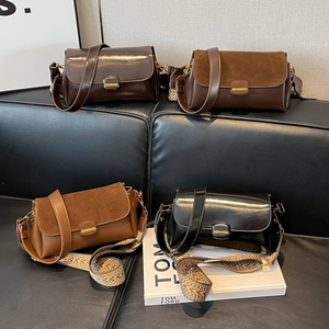 Detail of four retro flap bags in suede and leather mix with geometric woven straps