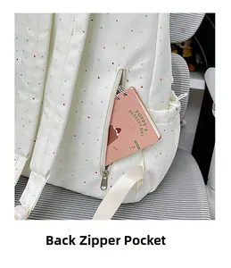 Detail of the anti-theft back zipper pocket on a white backpack with colorful star patterns
