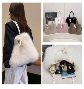 Spacious faux fur tote bag with woven handles showing large interior capacity and bear charm