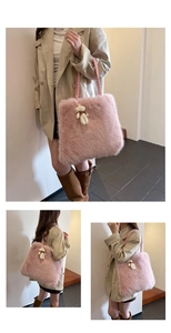 Detail of pink faux fur tote bag with braided handles and a cute bear plush pendant charm