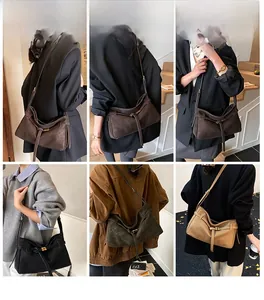 Collage of models wearing trendy large capacity tote bags in dark brown and khaki colors
