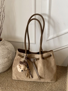 Retro khaki suede tote bag with dark brown handles and cute bear charm pendant