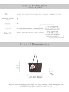 Guide des tailles du grand sac cabas marron en daim avec dimensions 33x13x28cm