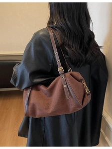 Retro dark brown suede cylinder shoulder bag with leather strap for women