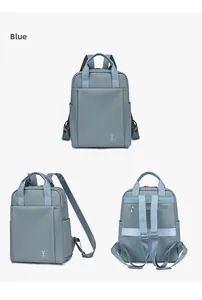 Three-way view of blue-gray backpack with luggage strap and anti-theft back pocket
