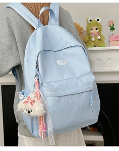 Rear view of a light blue polka dot backpack with a cute white puppy pendant and white label