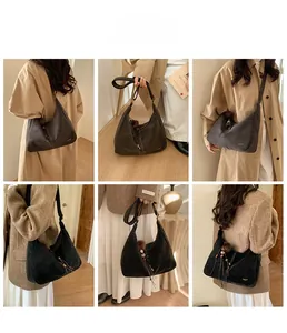 Detail shots of minimalist hobo bags in dark grey and black with tassel charm details