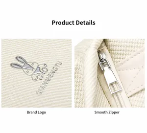 Detail of off-white quilted backpack featuring a silver metal rabbit logo and sturdy zipper