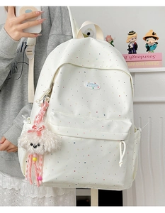 Detailed view of white polka dot backpack with plush puppy charm and multi-pocket design