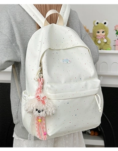 Close-up of white polka dot backpack with a cute dog plush charm and logo detail
