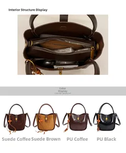 Vue détaillée de l'intérieur du sac seau en daim et des options de couleurs